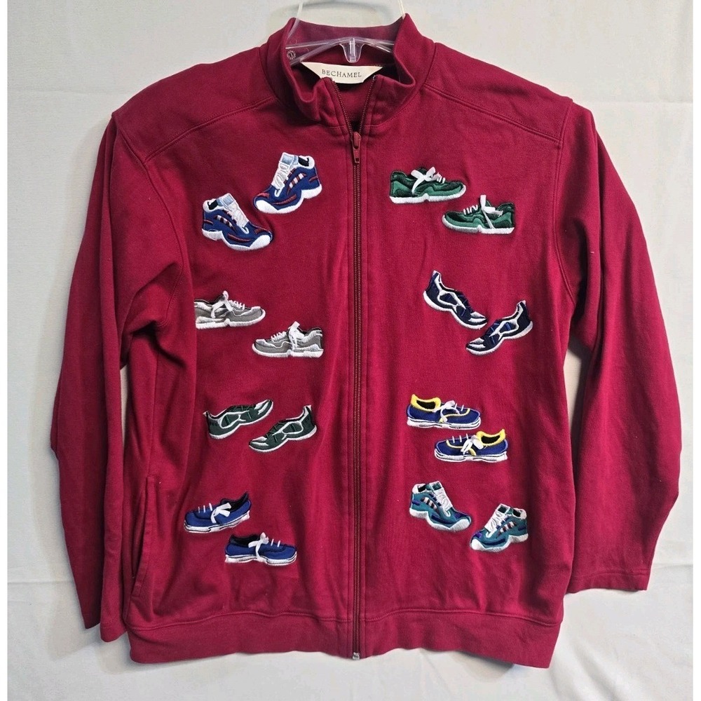 Vintage Bechamel  Embroidered Sneakers Sweatshirt Jacket Full Zip  S Red